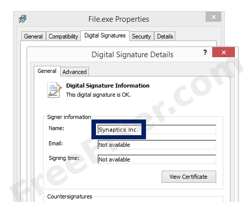 Screenshot of the Synaptics Inc. certificate